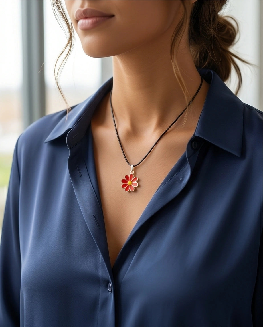 Gold and Red Daisy Pendant Necklace