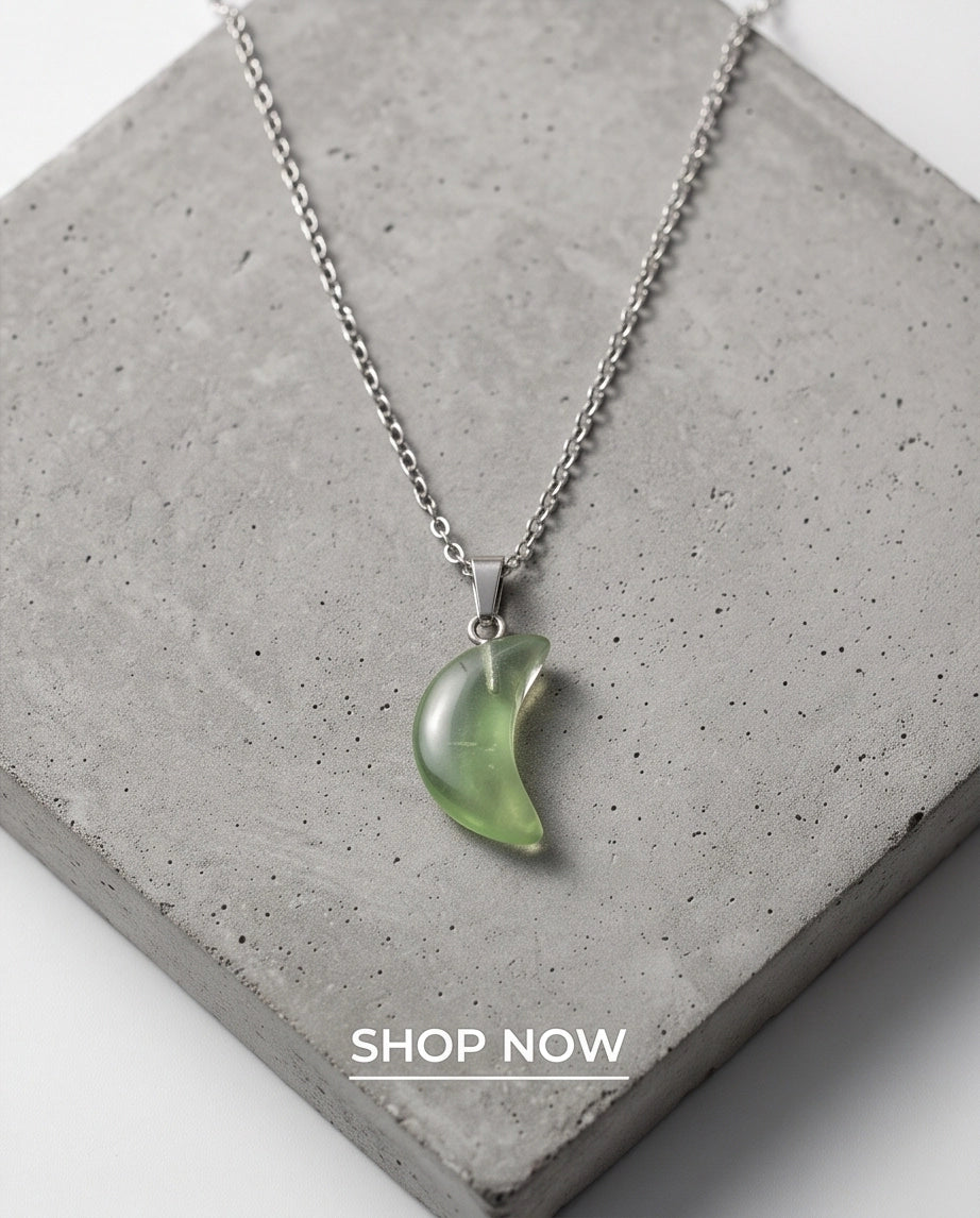 Silver Fluorite Light Green Crescent Moon Pendant Necklace