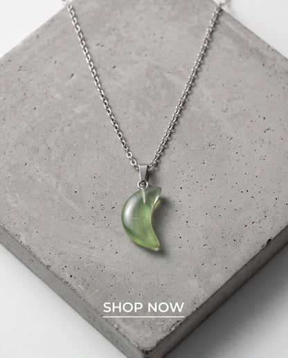Silver Fluorite Light Green Crescent Moon Pendant Necklace