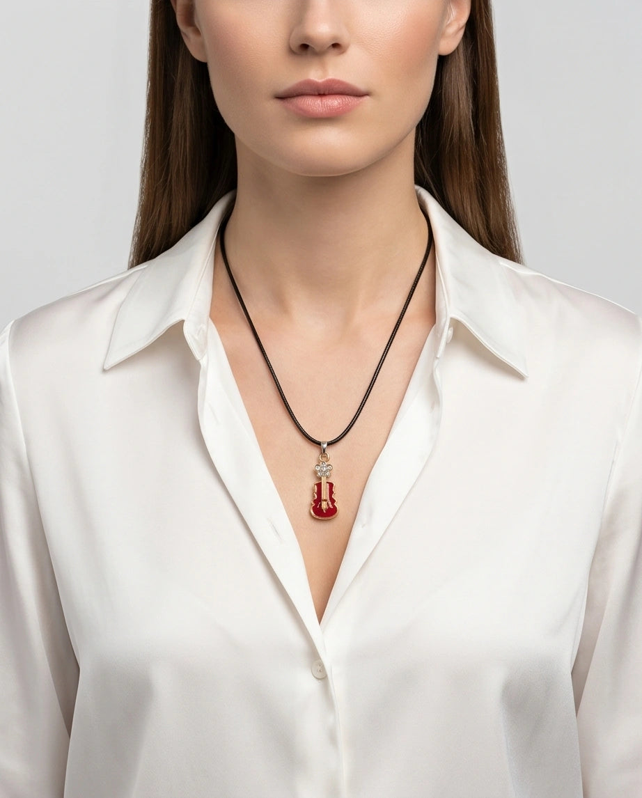 Gold and Red Enamel Violin Necklace