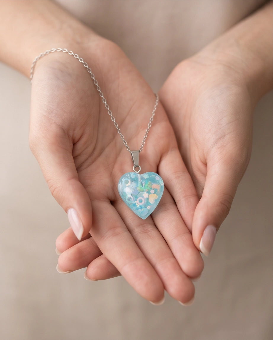 Silver Light Blue Glitter Heart Resin Pendant Necklace