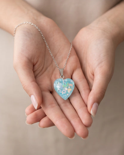 Silver Light Blue Glitter Heart Resin Pendant Necklace