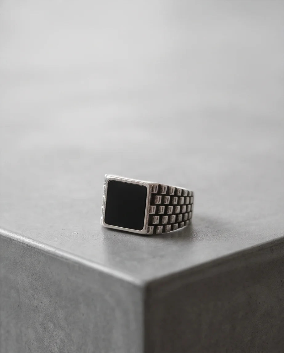 Onyx-Style Square Inlay Brick-Link Band Silver Ring