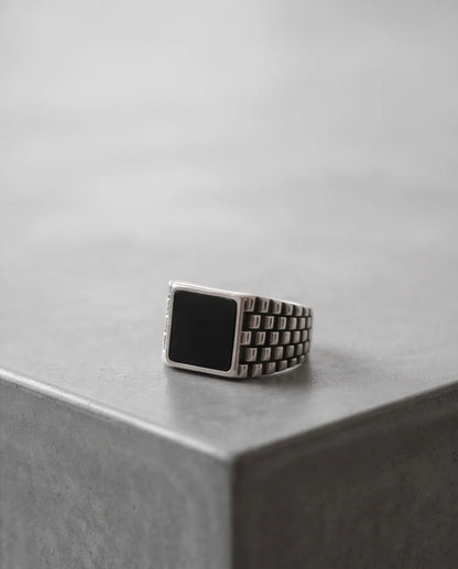 Onyx-Style Square Inlay Brick-Link Band Silver Ring