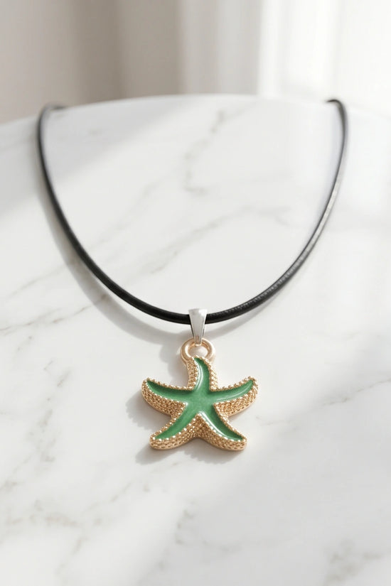 Gold and Textured Green Starfish Necklace