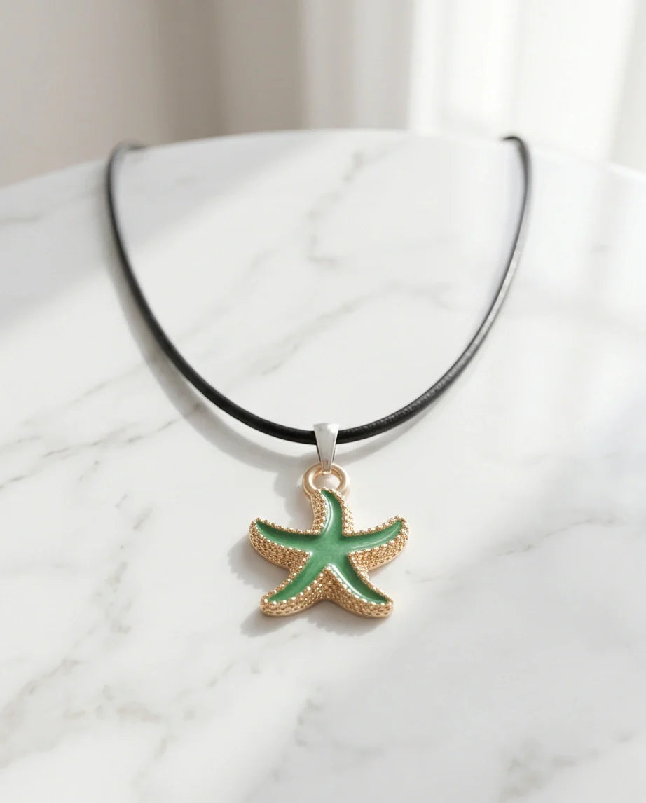 Gold and Textured Green Starfish Necklace