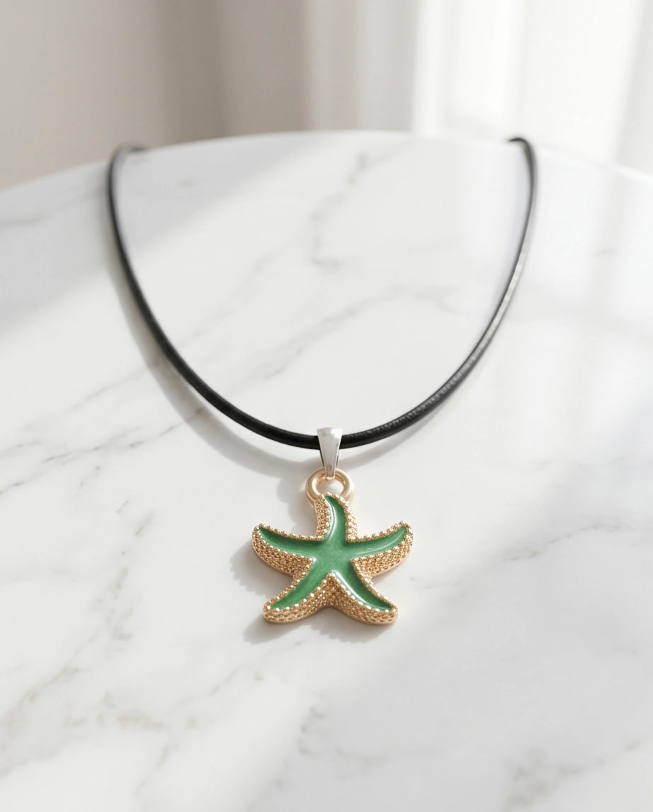 Gold and Textured Green Starfish Necklace
