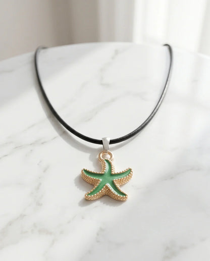 Gold and Textured Green Starfish Necklace