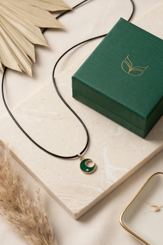 Gold and Green Crescent Moon and Star Necklace