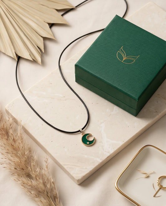 Gold and Green Crescent Moon and Star Necklace