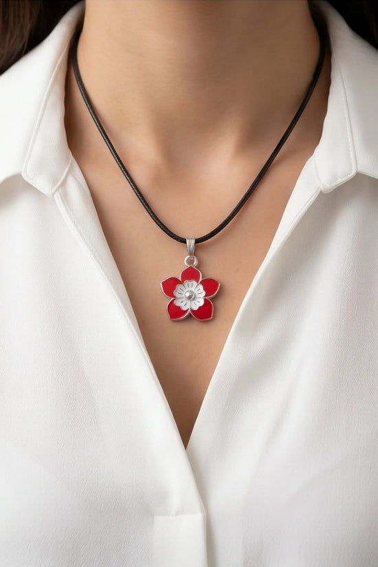 Vibrant Red and White Layered Floral Enamel Pendant Necklace