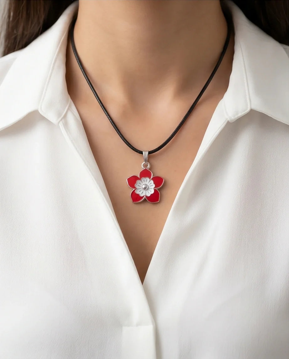 Vibrant Red and White Layered Floral Enamel Pendant Necklace