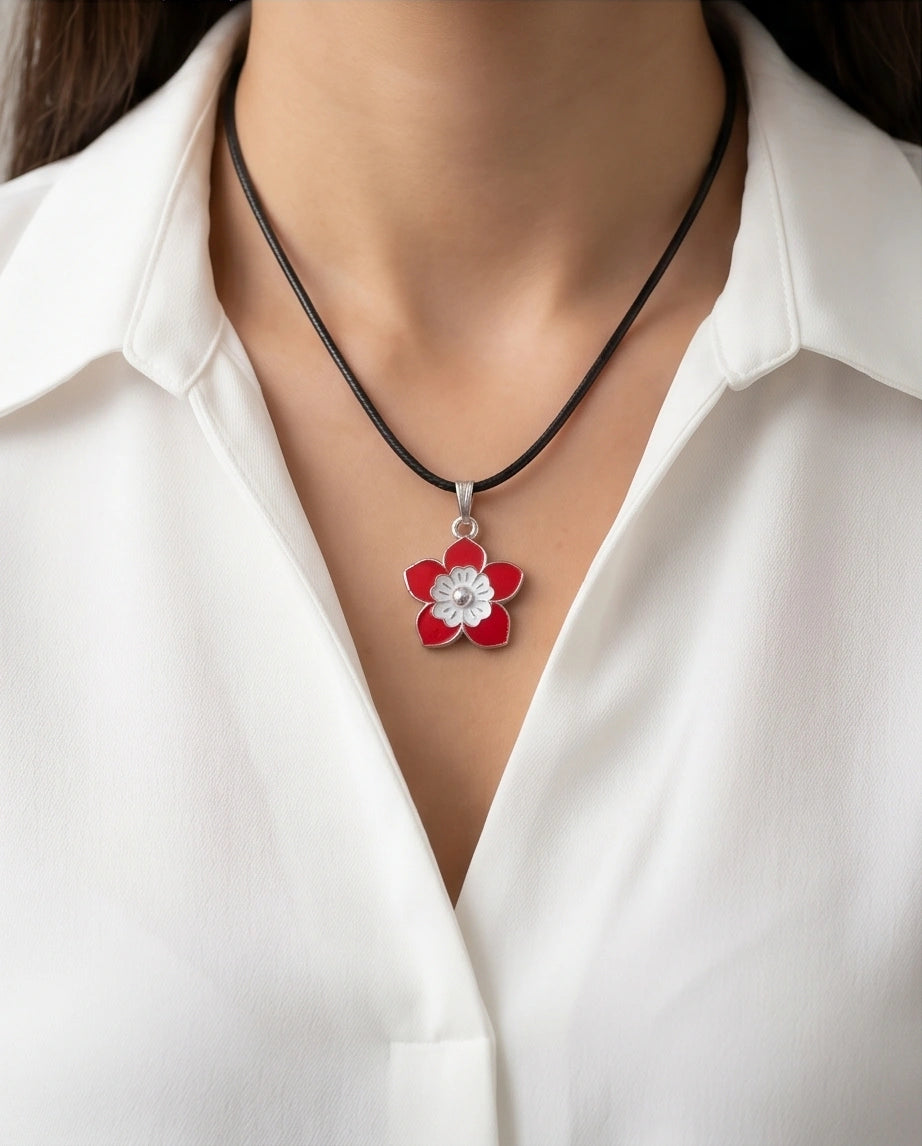 Vibrant Red and White Layered Floral Enamel Pendant Necklace