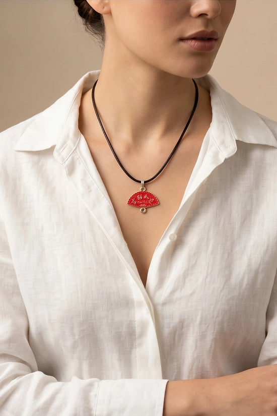 Traditional Red Folding Fan "Ji Xiang Ru Yi" Pendant Necklace