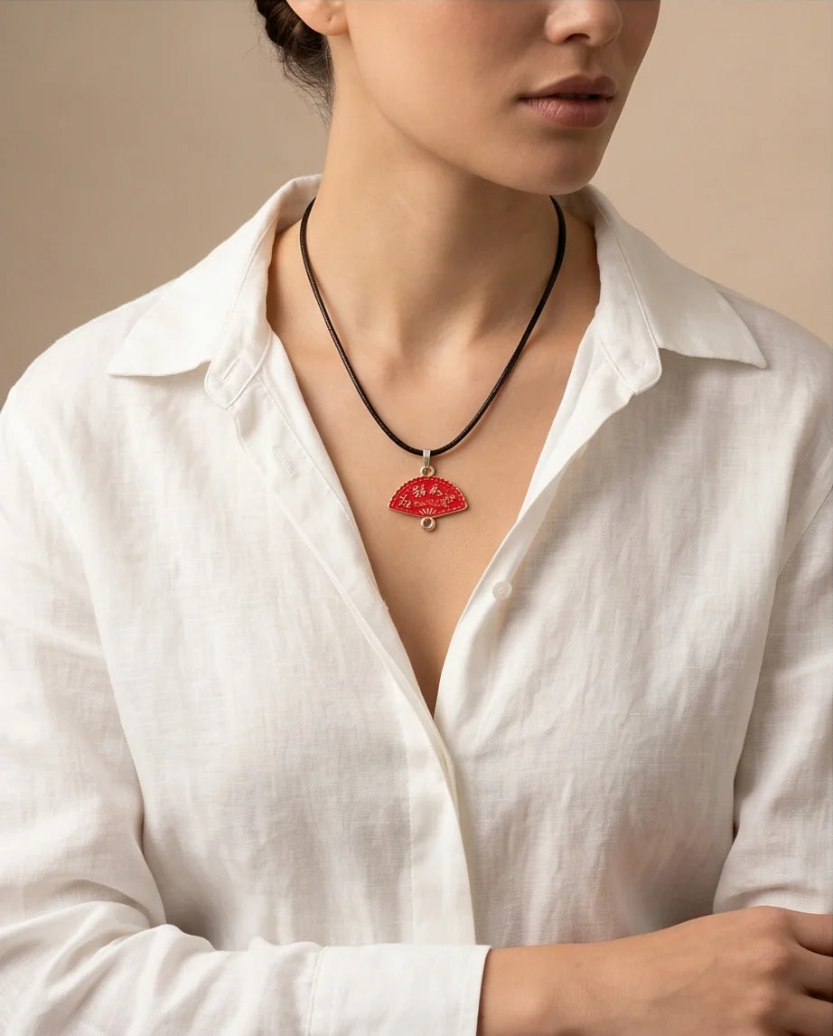 Traditional Red Folding Fan "Ji Xiang Ru Yi" Pendant Necklace