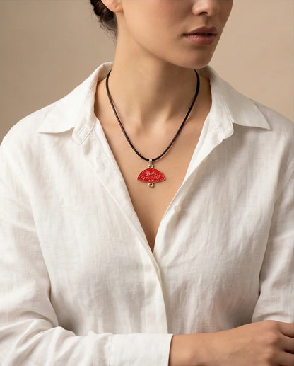Traditional Red Folding Fan "Ji Xiang Ru Yi" Pendant Necklace