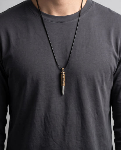 Engraved Bronze Bullet Pendant Cord Necklace