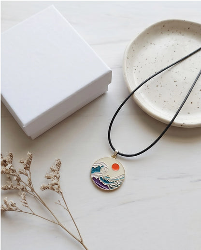Great Wave & Sun Medallion Pendant Necklace