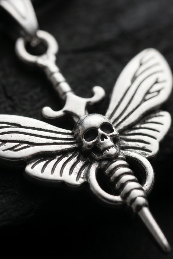 The Shadow Wing: Gothic Skull Moth Dagger Pendant Necklace