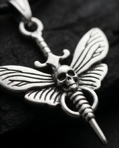 The Shadow Wing: Gothic Skull Moth Dagger Pendant Necklace