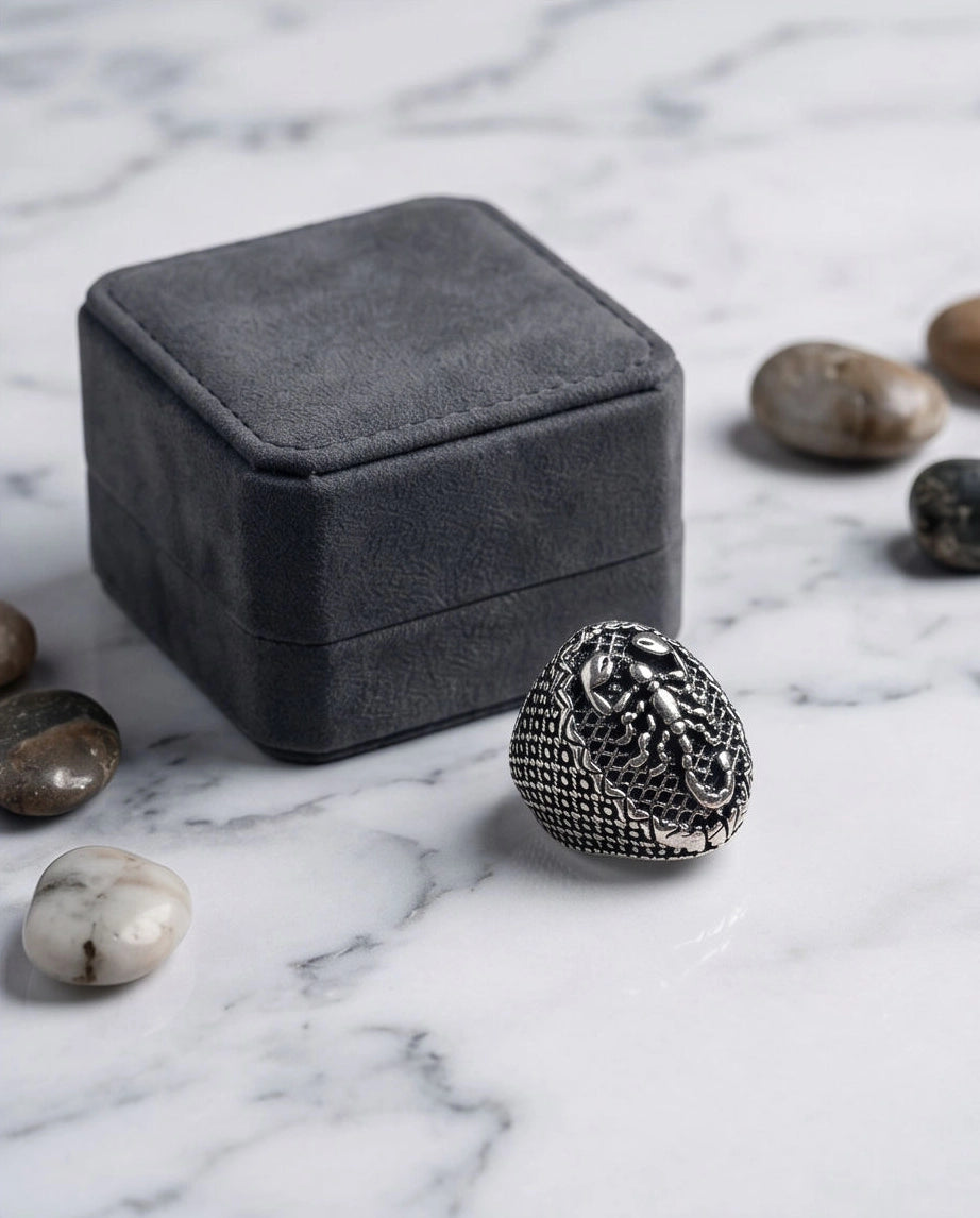Oxidized Silver Sculpted Scorpion Mesh Ring