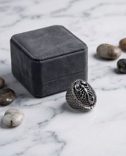 Oxidized Silver Sculpted Scorpion Mesh Ring