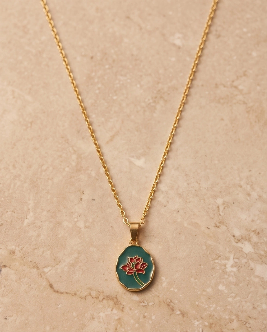 Gold Teal Lotus Enamel Medallion Chain Necklace