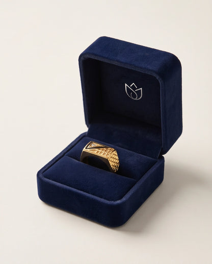 Geometric Split-Face Onyx & Clear Crystal Block Gold Ring