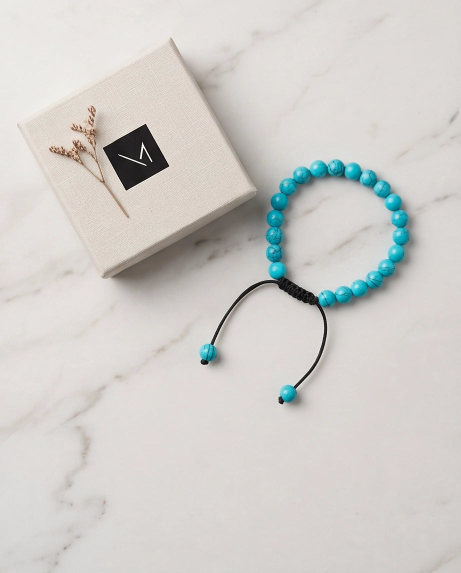 Natural Turquoise Veined Stone Beaded Adjustable Macrame Bracelet