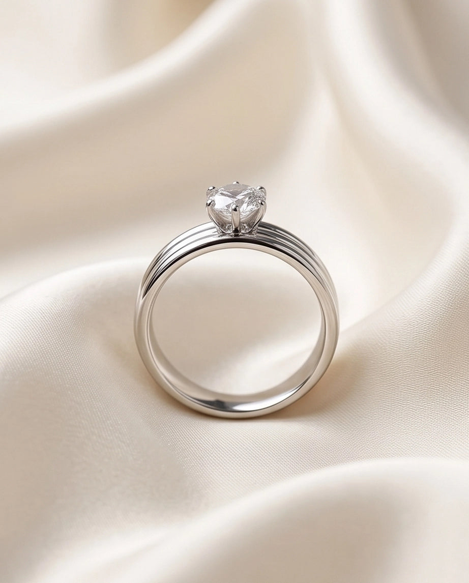 Silver Round Gemstone Triple-Band Solitaire Ring