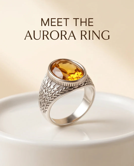 Citrine Gemstone Laurel Bezel Dragon-Scale Silver Ring