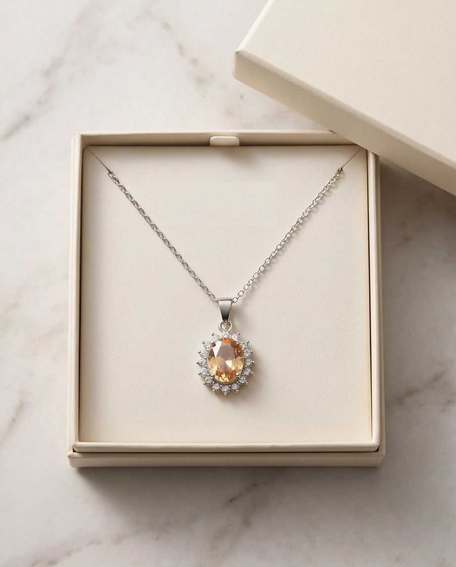 Silver Citrine Yellow Oval Halo Medallion Pendant Necklace
