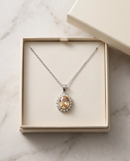 Silver Citrine Yellow Oval Halo Medallion Pendant Necklace