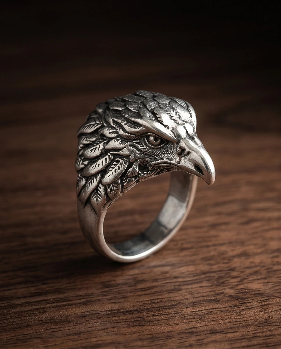 Vintage Silver Oxidized Eagle Head Biker Statement Ring