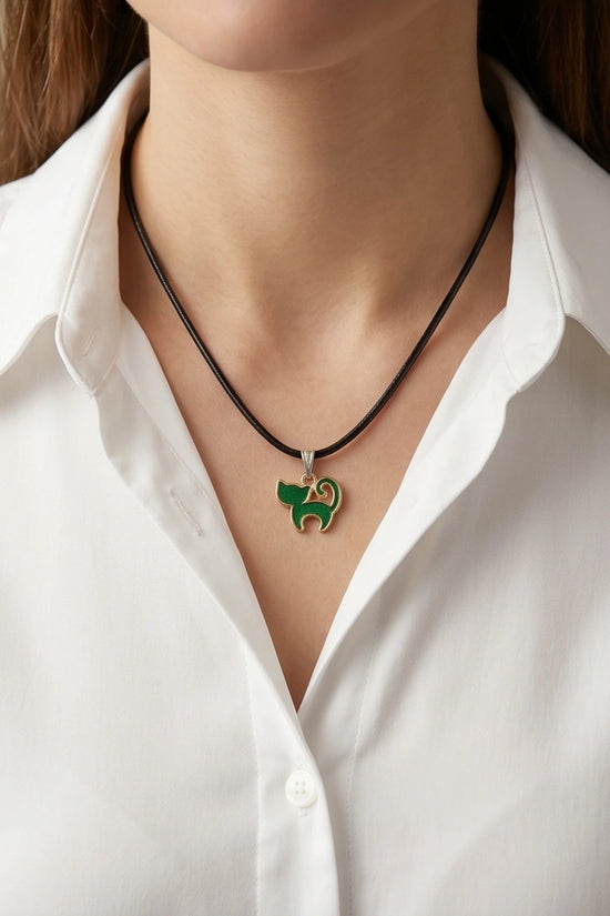 Gold and Green Cat Pendant Necklace