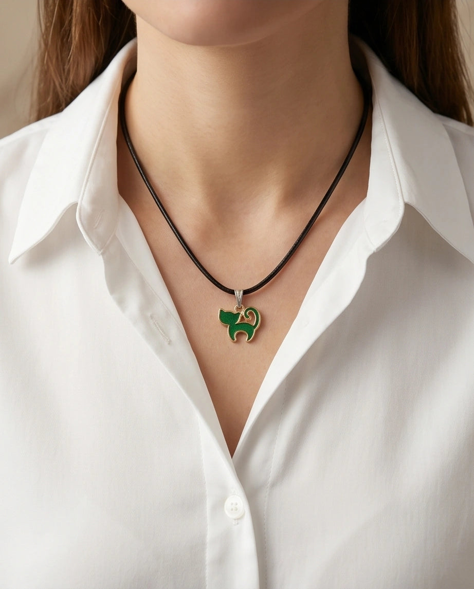 Gold and Green Cat Pendant Necklace