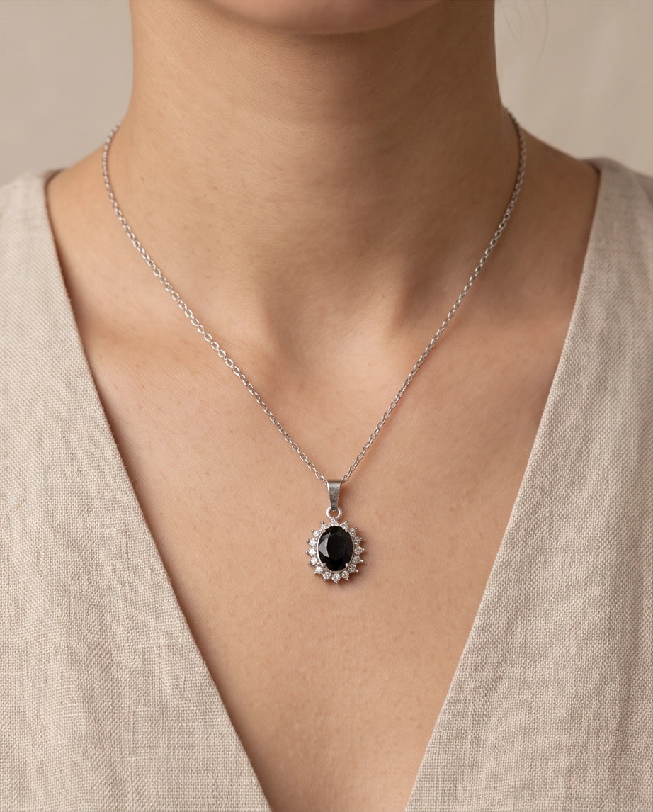Silver Black Gem Oval Halo Medallion Pendant Necklace