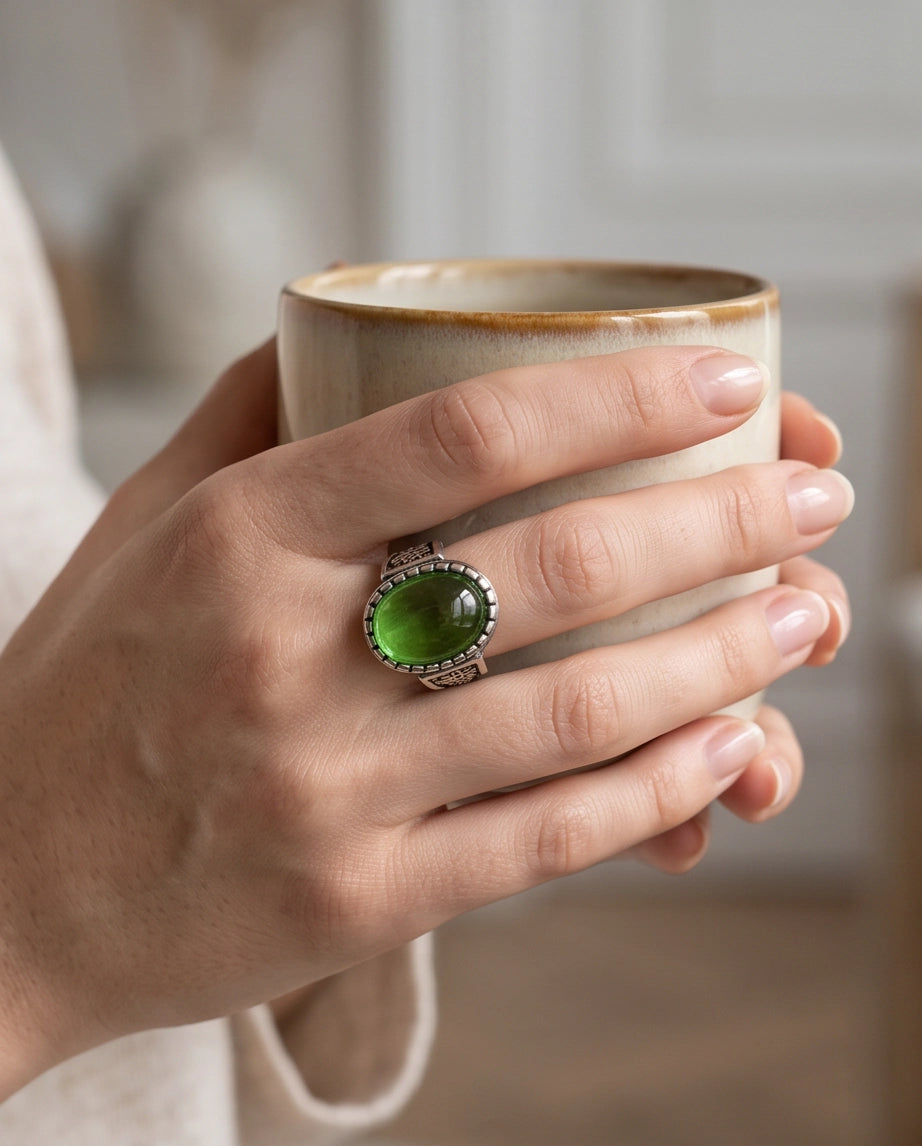 Emerald Cabochon Beaded Bezel Floral Silver Ring