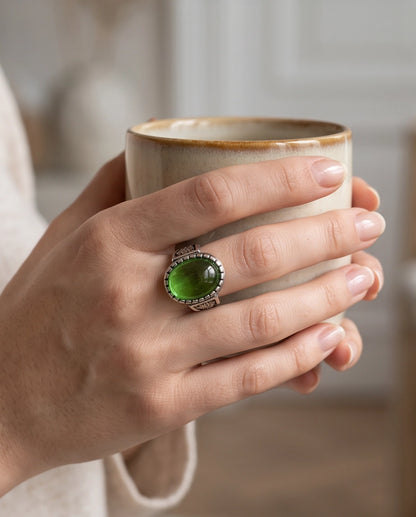 Emerald Cabochon Beaded Bezel Floral Silver Ring