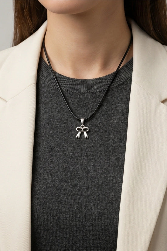 Silver Polished Ribbon Bow Necklace