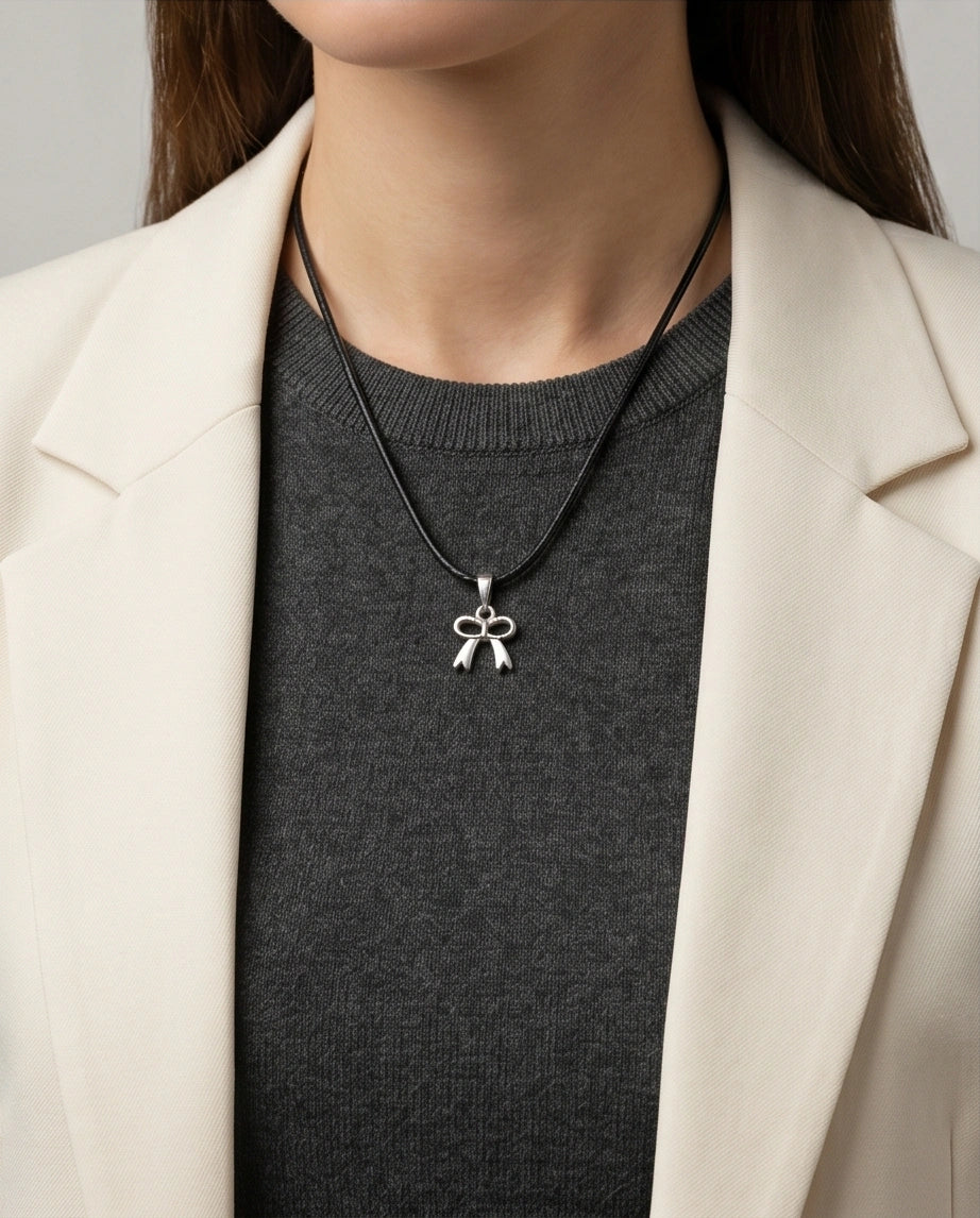 Silver Polished Ribbon Bow Necklace