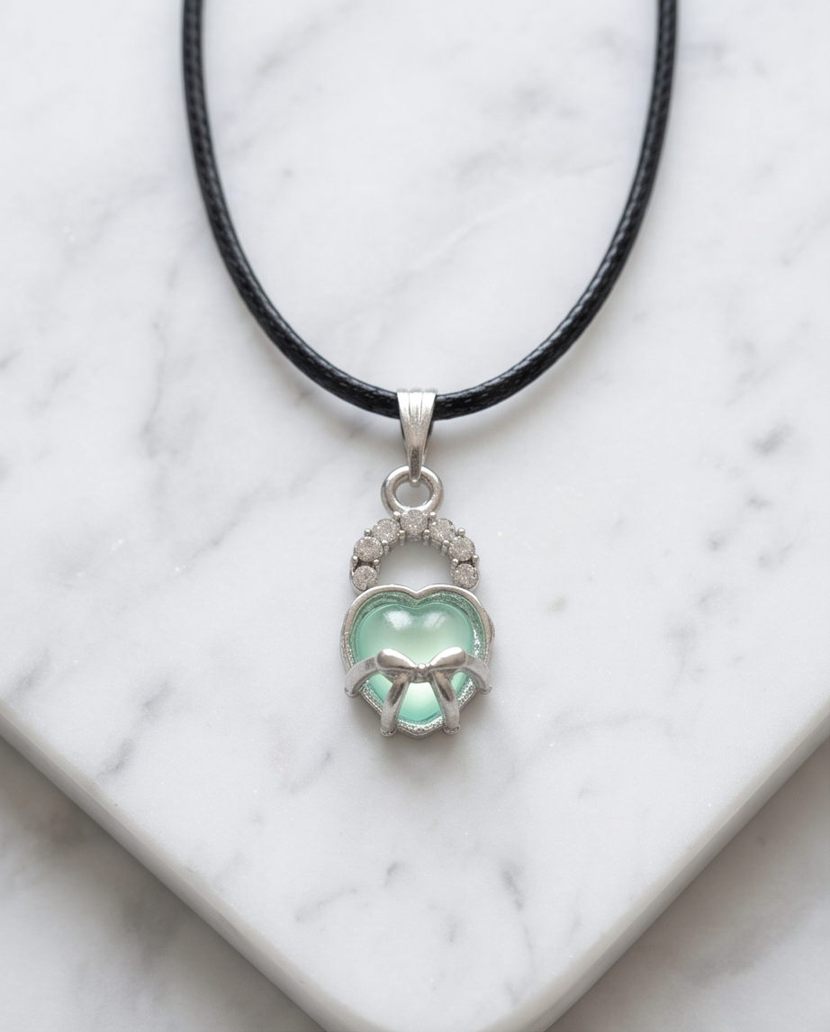 Green Heart Bow Lock Pendant Necklace