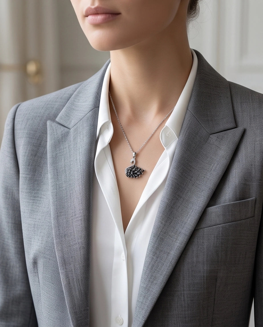 Silver Black Crystal Swan Necklace