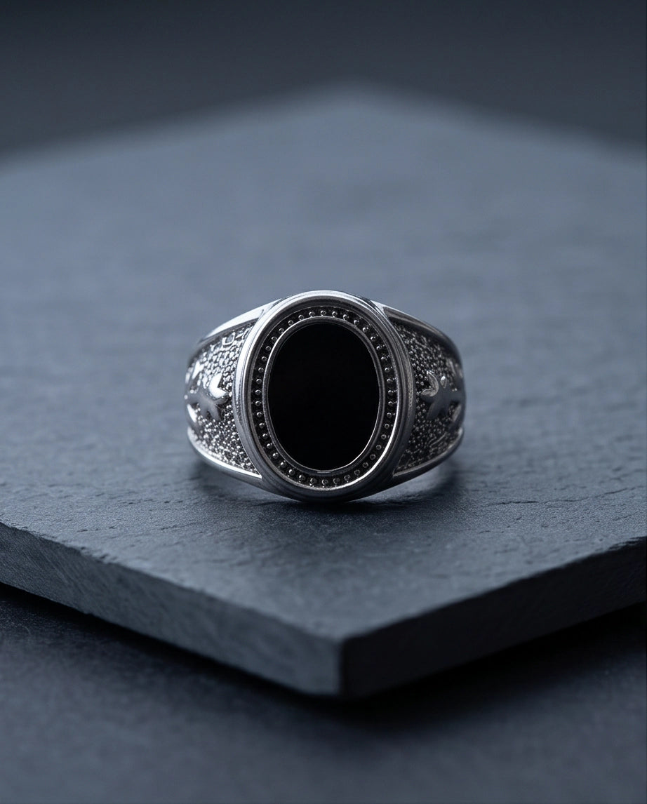 Celestial Oval Cabochon Starry-Night Stippled Silver Ring