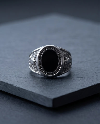 Celestial Oval Cabochon Starry-Night Stippled Silver Ring