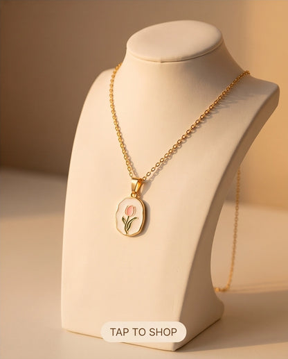 Gold Pink Tulip Enamel Medallion Chain Necklace