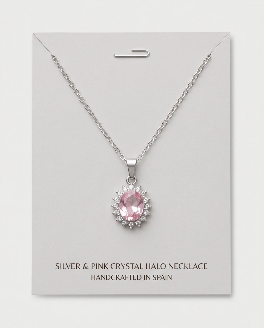 Silver Pink Crystal Oval Halo Medallion Pendant Necklace