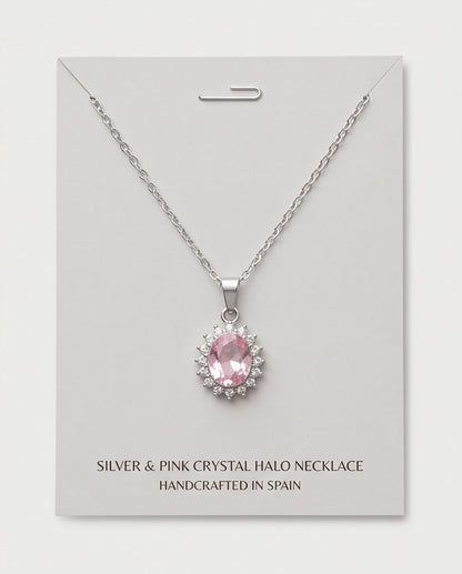Silver Pink Crystal Oval Halo Medallion Pendant Necklace