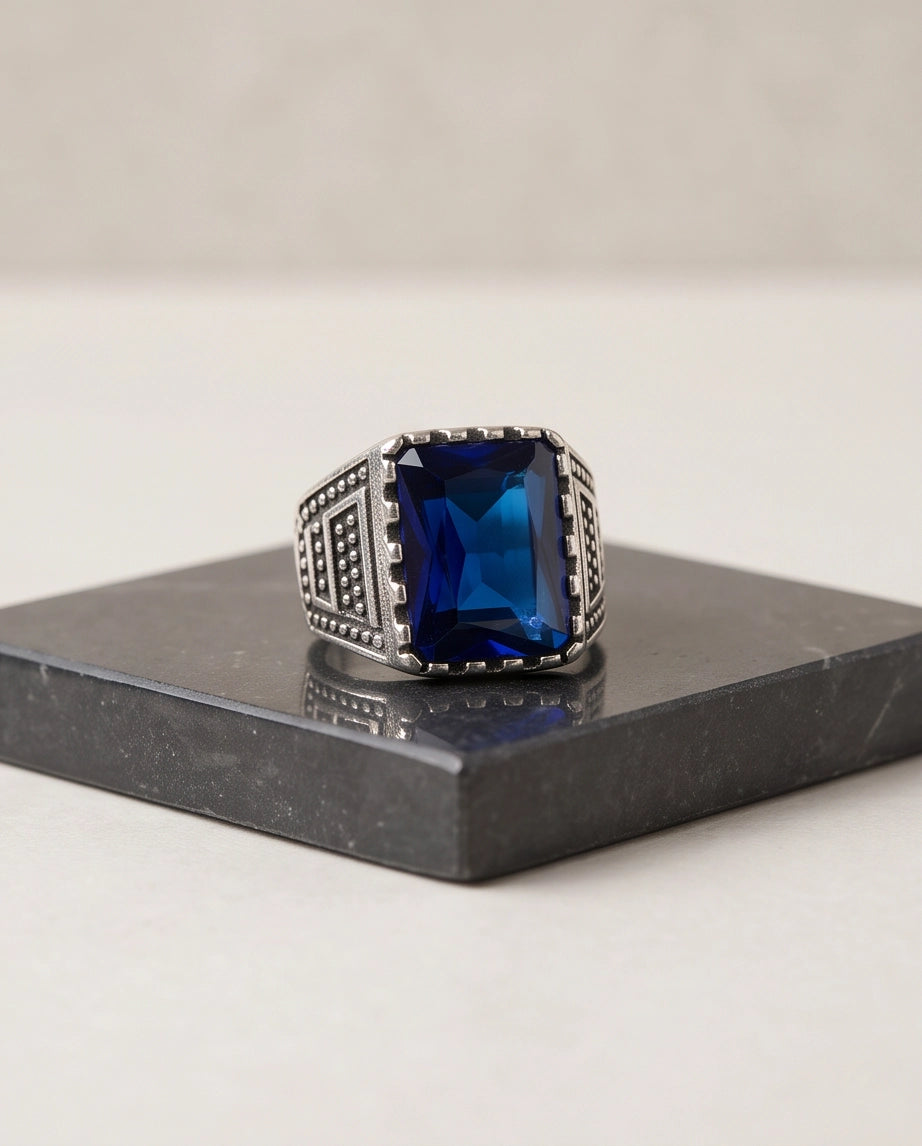 Sapphire Blue Emerald-Cut Gemstone Dot Matrix Architectural Silver Ring
