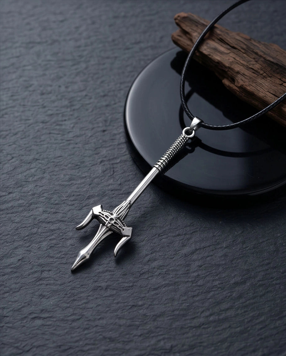 Silver Trident Spear Pendant Necklace